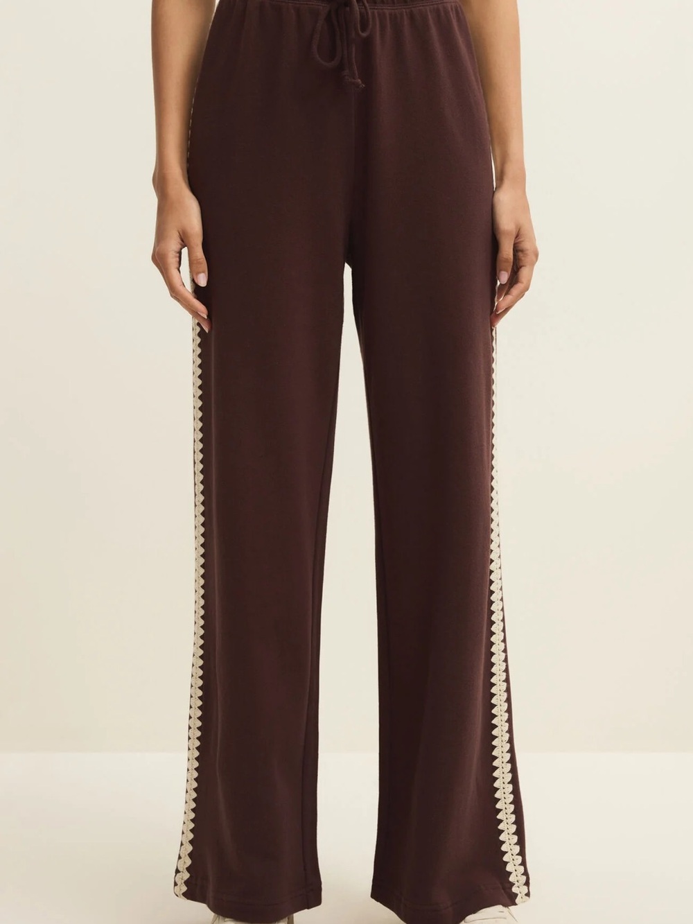 Wide-Leg Drawstring Pants with Contrast Side Trim - Brown - Picture 3 of 4
